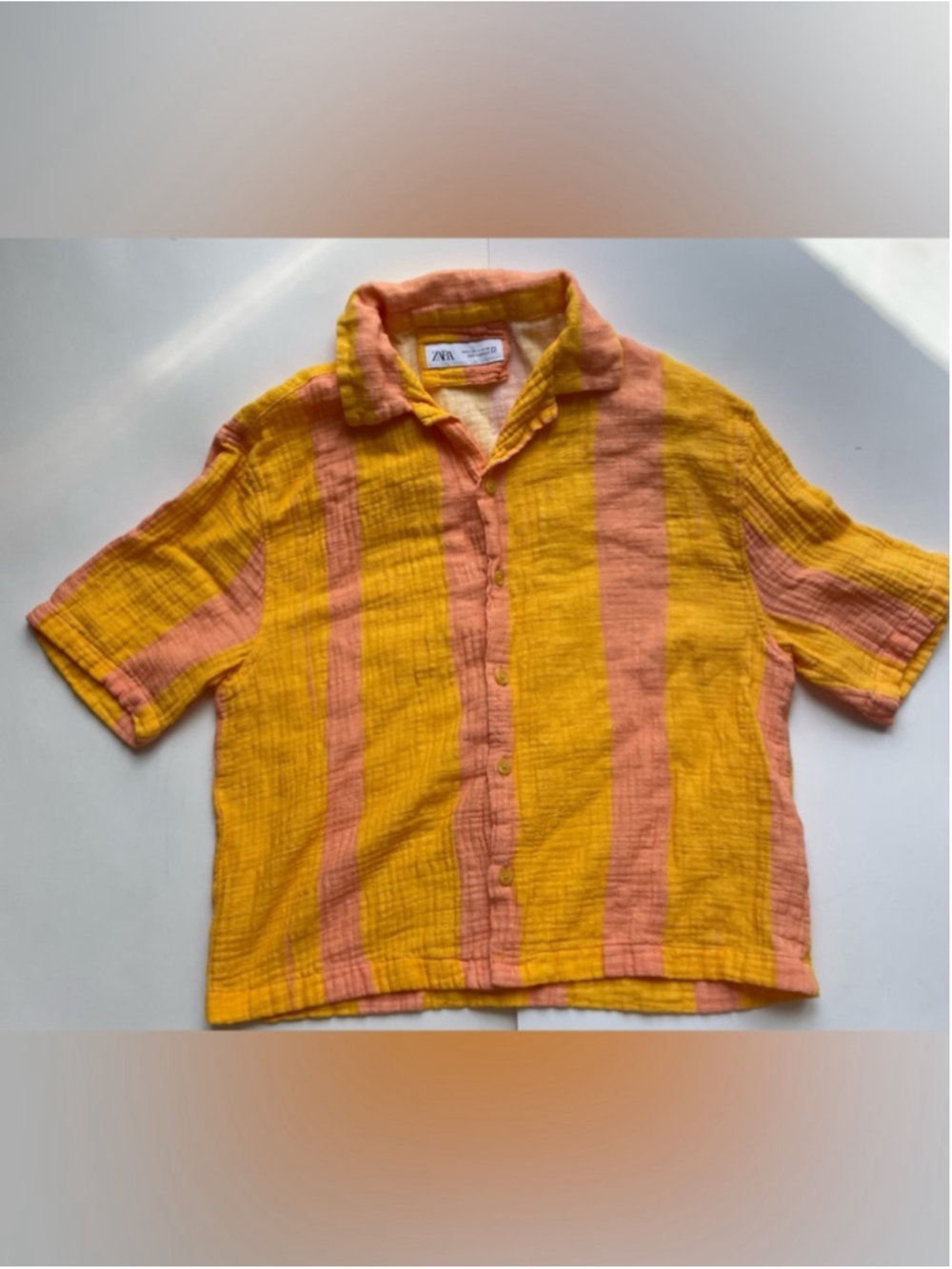 Zara Textured Cotton Stripe Shirt Yellow Peach Short Sleeve Small - Picture 3 of 6
